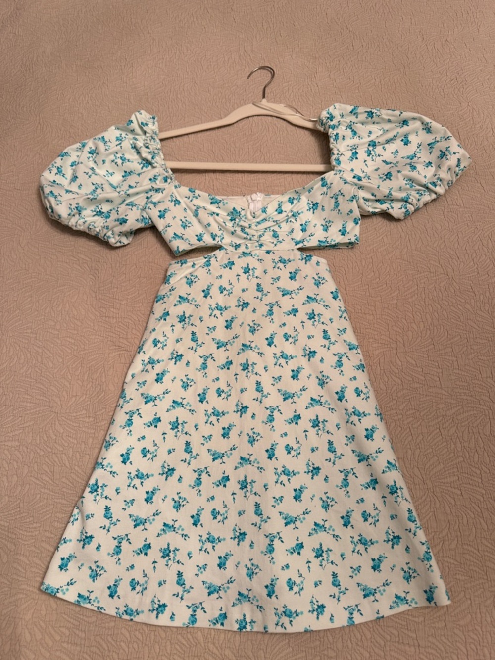 Zara White Dress with Teal Floral Print and Puff Sleeves cutouts XS